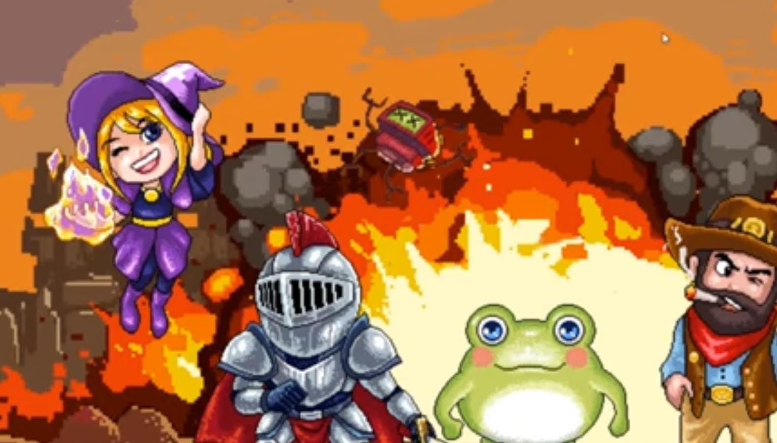 a witch, knight, frog, and cowboy against a volcanic eruption