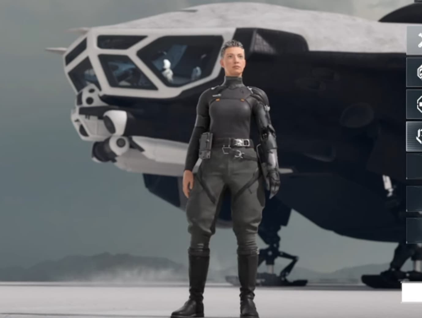 A female character in a futuristic black pilot suit standing in front of a large sci-fi spaceship
