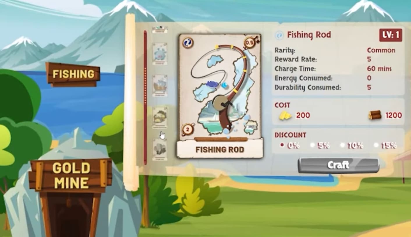 A screenshot from a game showing a fishing rod crafting menu with cost and stats