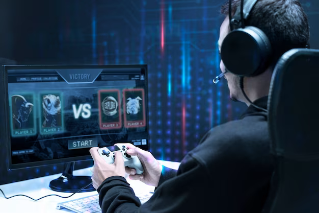 A man in a headset with a gamepad plays a game