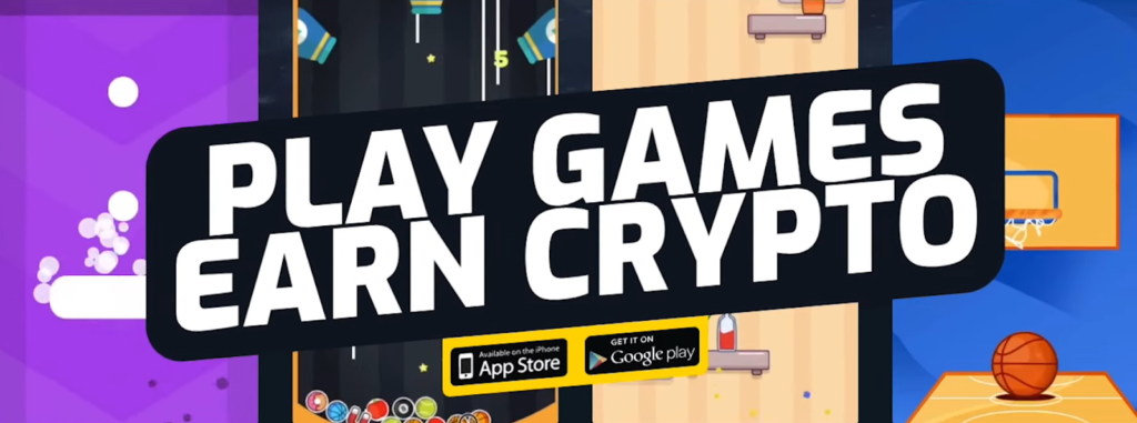 Advertisement for a mobile gaming platform offering cryptocurrency rewards