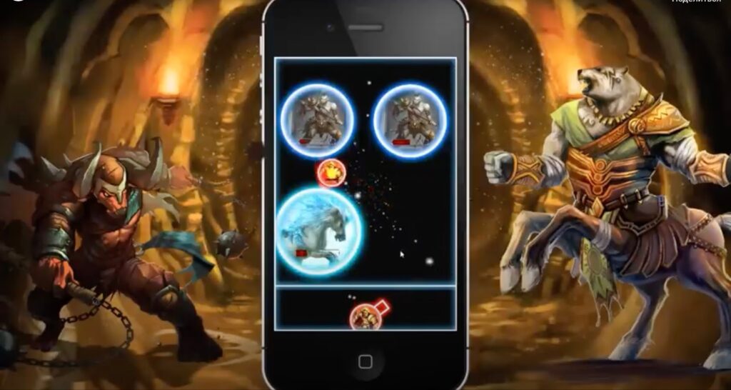 Two game characters next to a smartphone showing gameplay