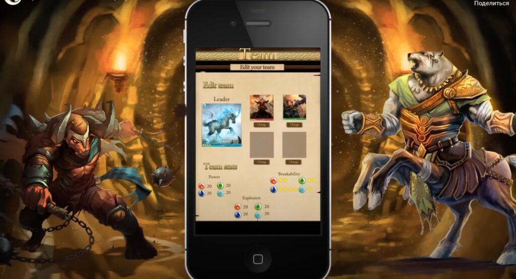 Two game characters next to a smartphone showing character cards