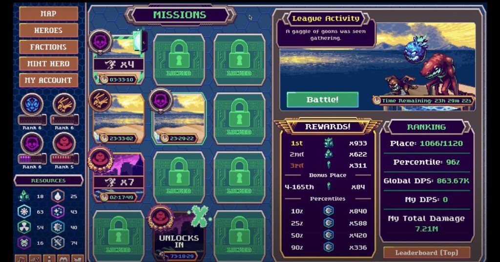 Dimension X game menu with different cards