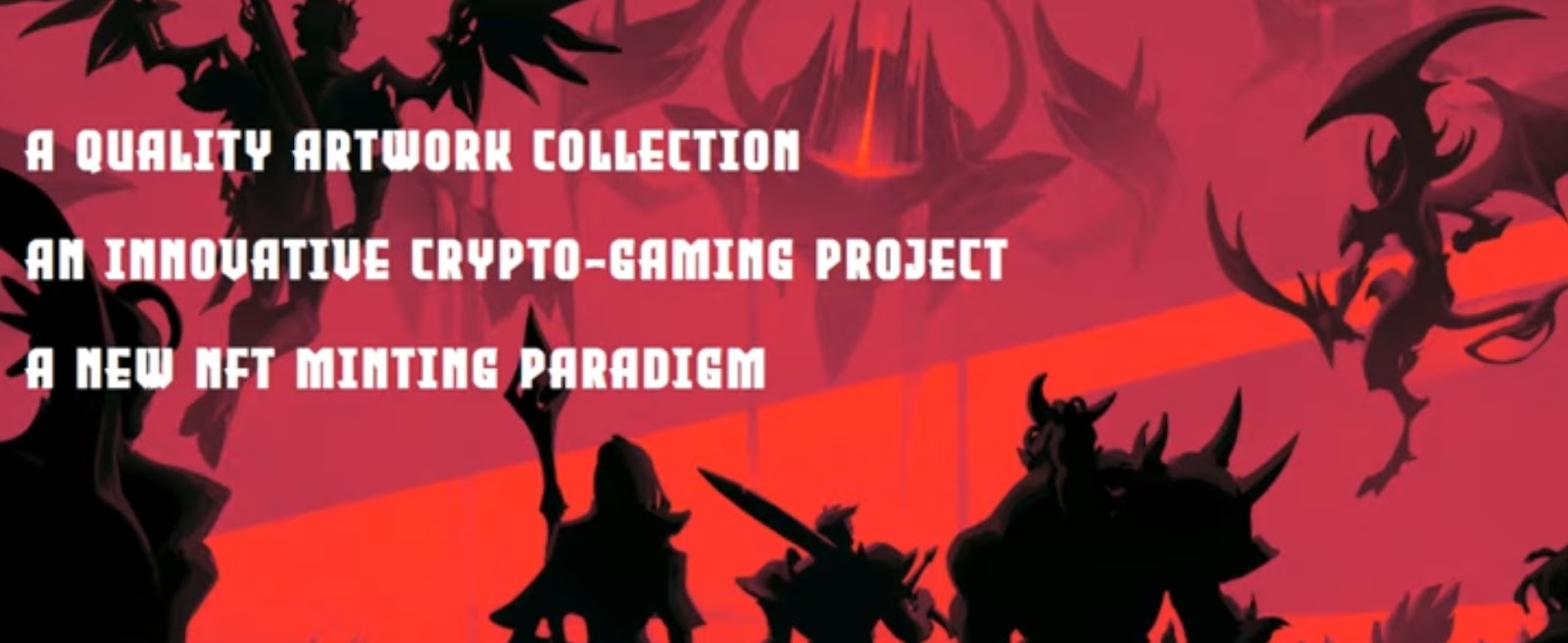 Promotional graphic for a crypto-gaming project featuring silhouettes of mythical creatures against