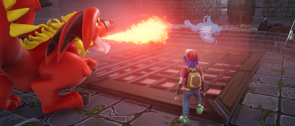 The game character looks at the dragon spitting fire