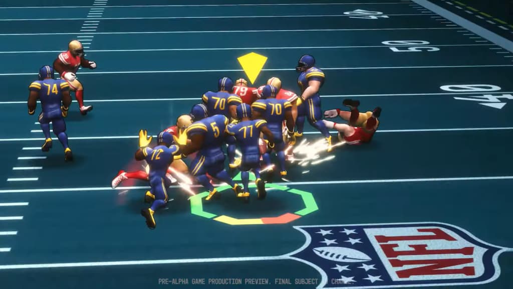A dynamic 3D video game image showing football players mid-play