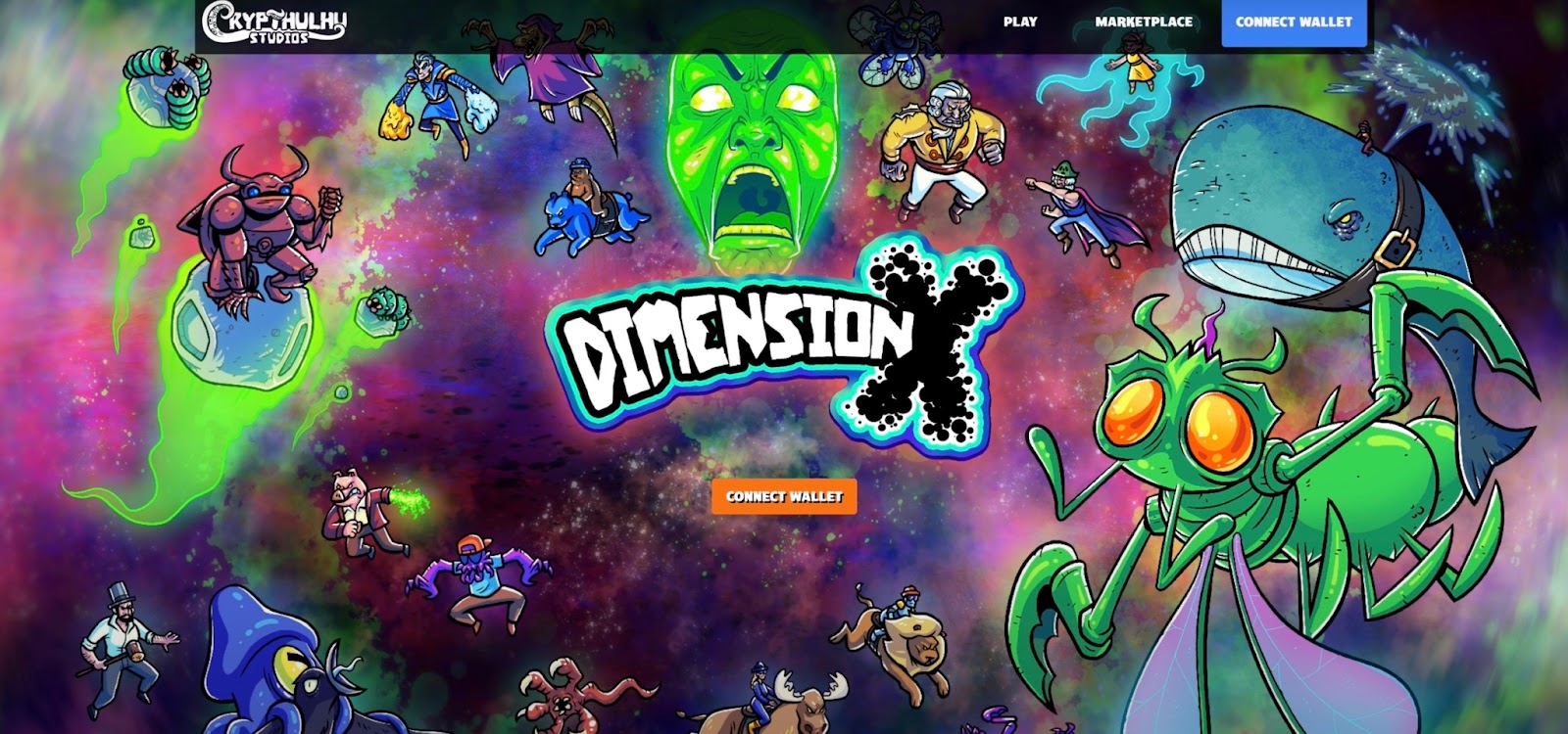 Logo of the game Dimension X on a background of space with various characters