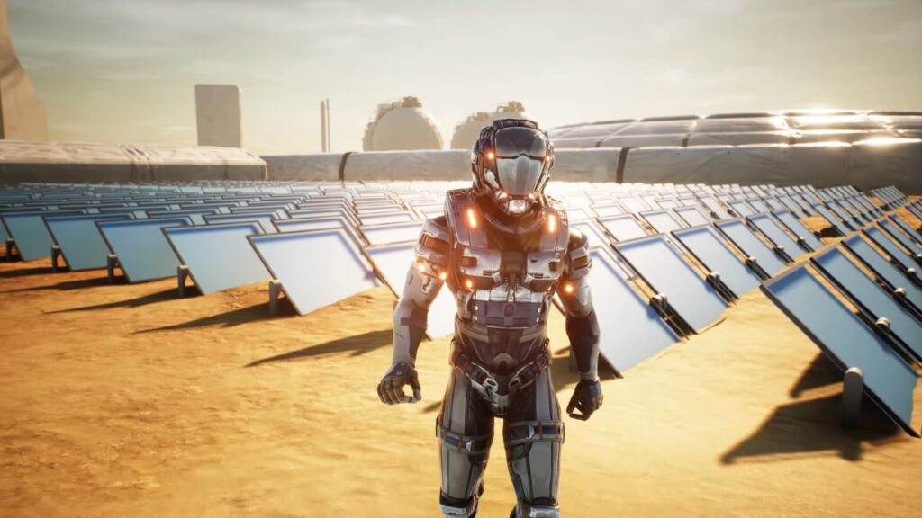An astronaut in a futuristic suit stands among solar panels on a barren landscape