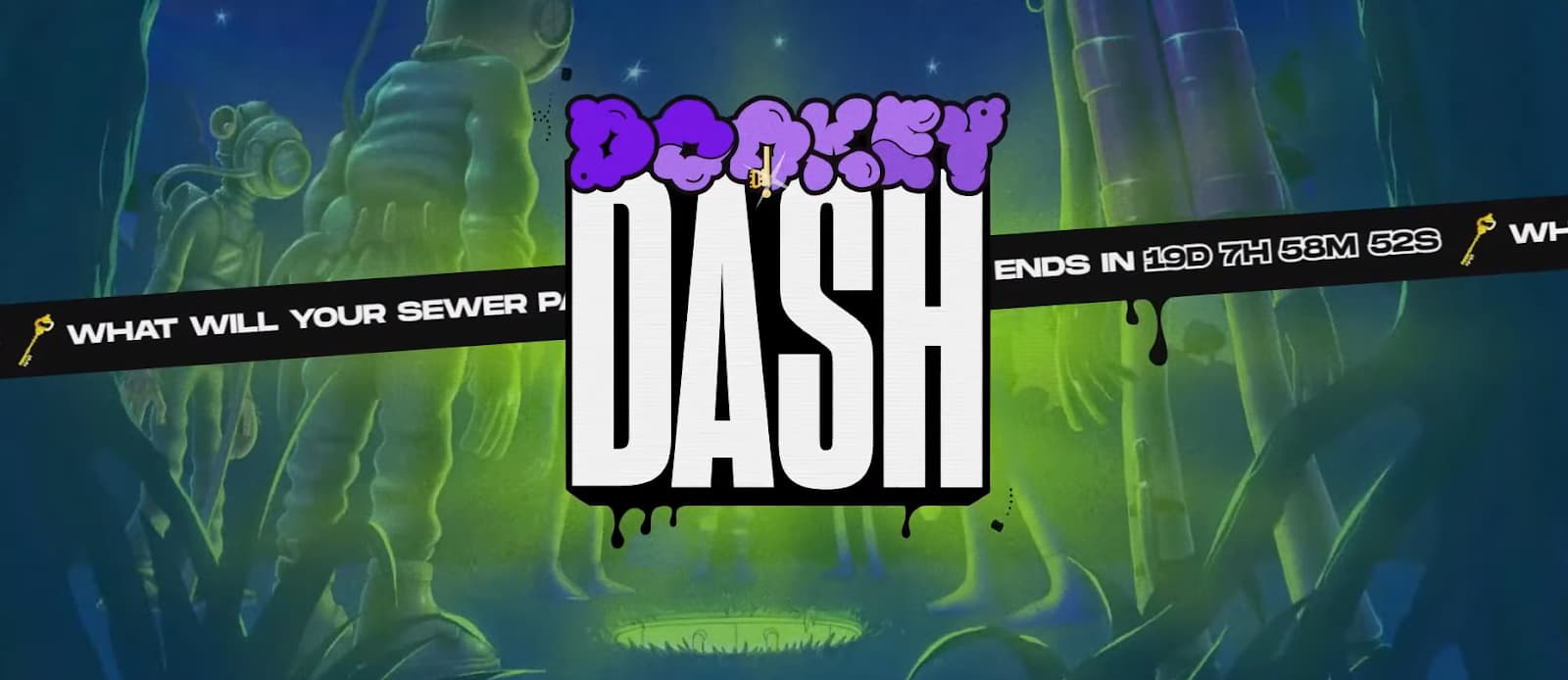 Title screen of a game named "DONKEY DASH" with green background behind