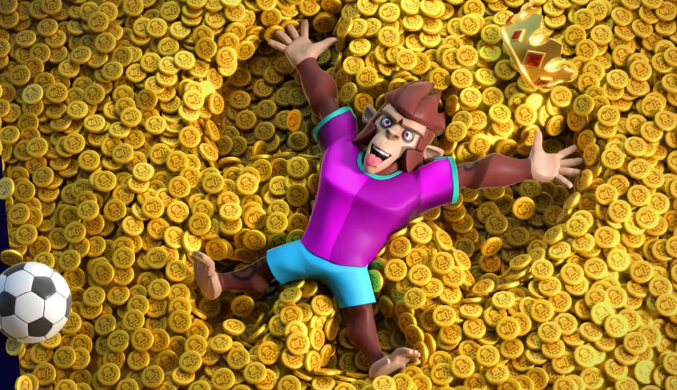 A 3D monkey gleefully swims in a pile of golden coins