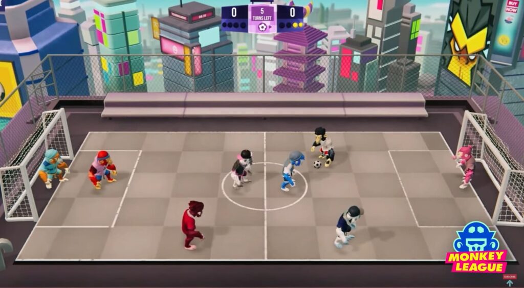 Animated monkeys play soccer in a futuristic cityscape arena