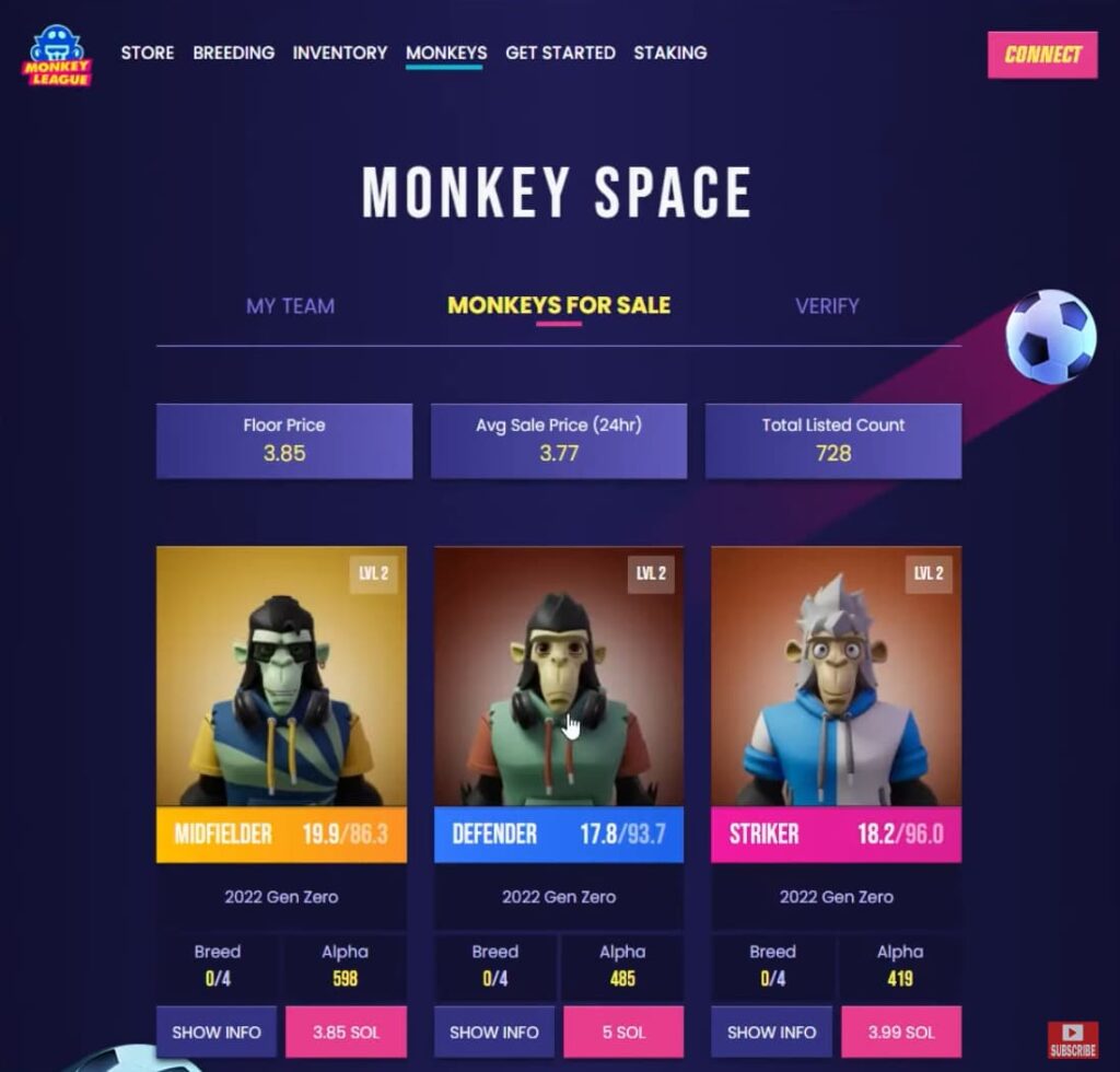 Digital monkey characters are displayed for sale in an online marketplace