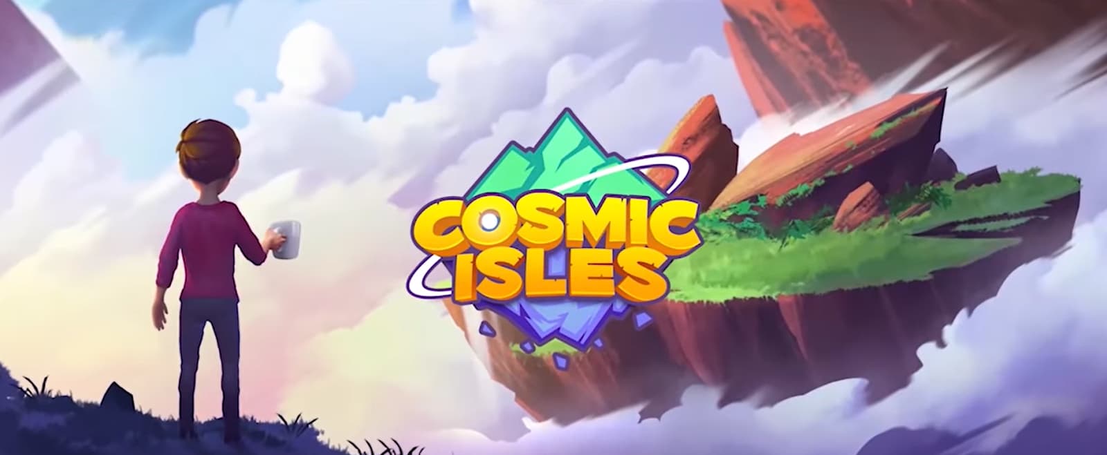 The logo for "Cosmic Isles" against a backdrop of floating land masses