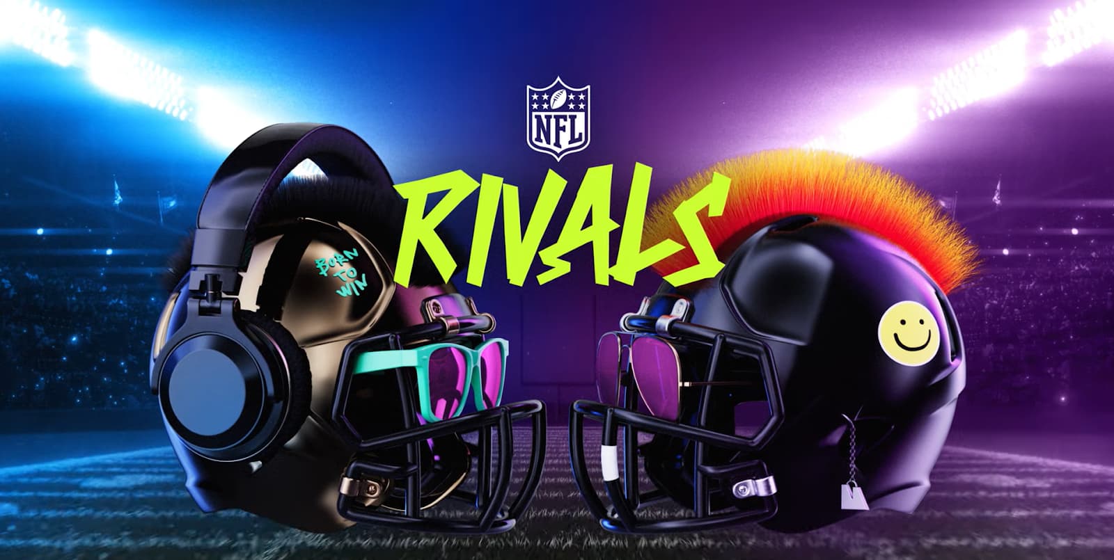 Stylized NFL helmets paired with headphones, representing a "Rivals" theme