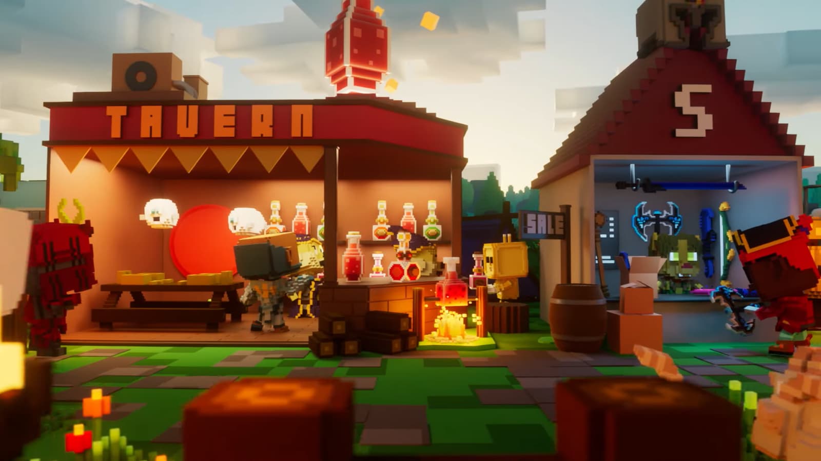A voxel-style tavern scene with characters and detailed interior