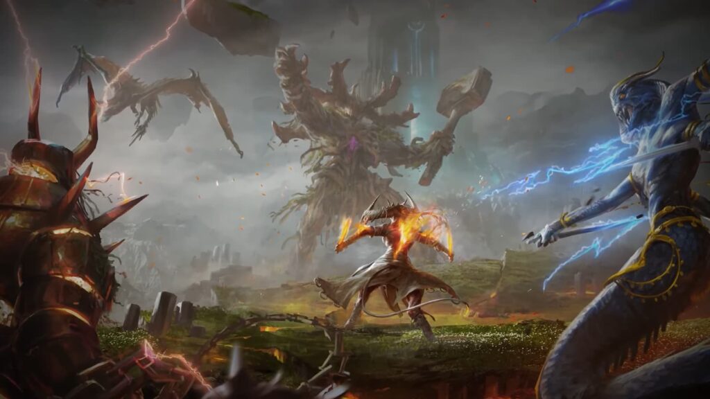 A fiery figure battles against mythic creatures in a stormy landscape