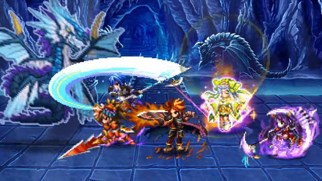 A dynamic battle scene with characters and dragons in a fantasy game setting