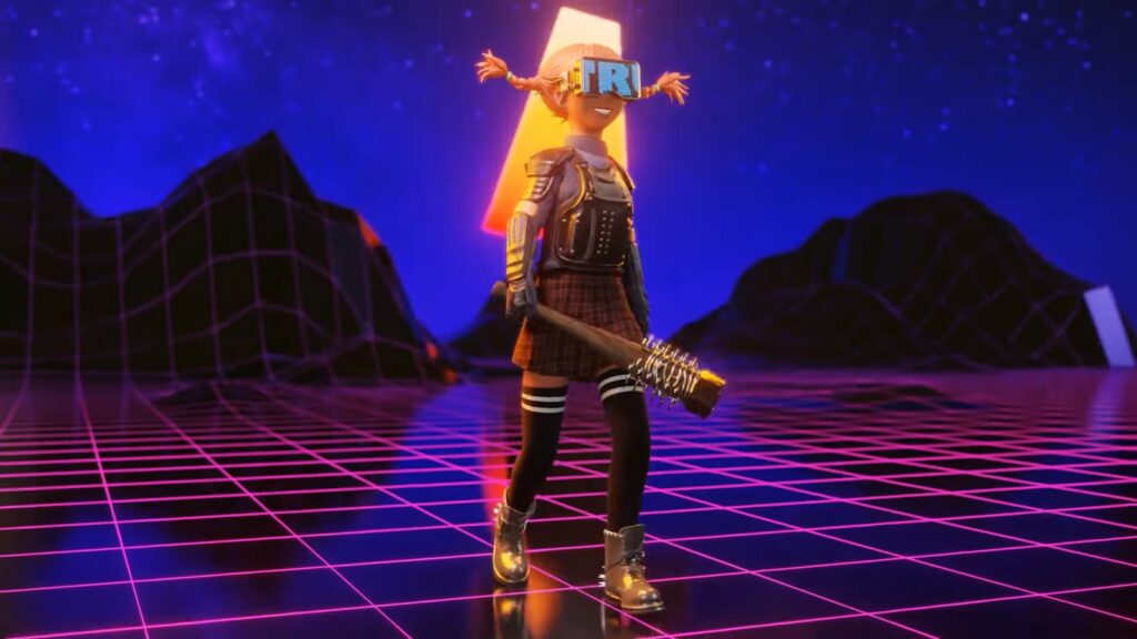 A character with a glowing box head dances in a neon-lit digital landscape