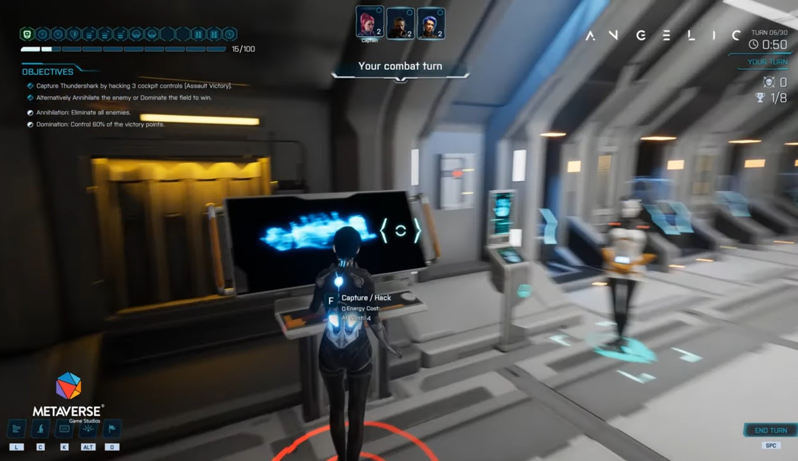 A character's combat turn with objectives and action options in a futuristic command room setting