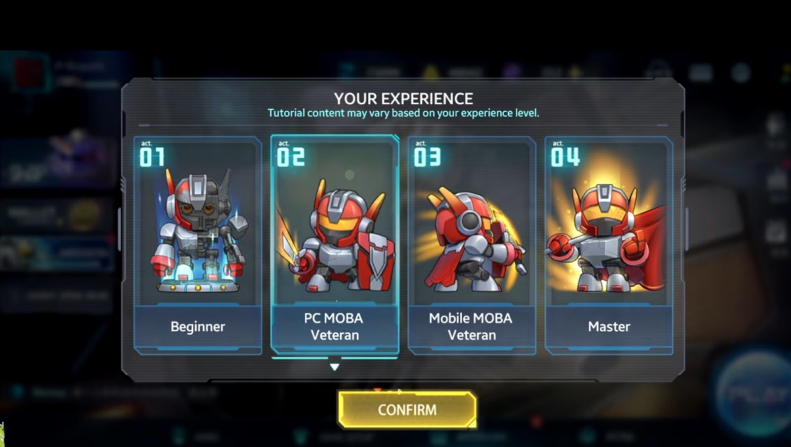 Screenshot of a game's experience level selection screen