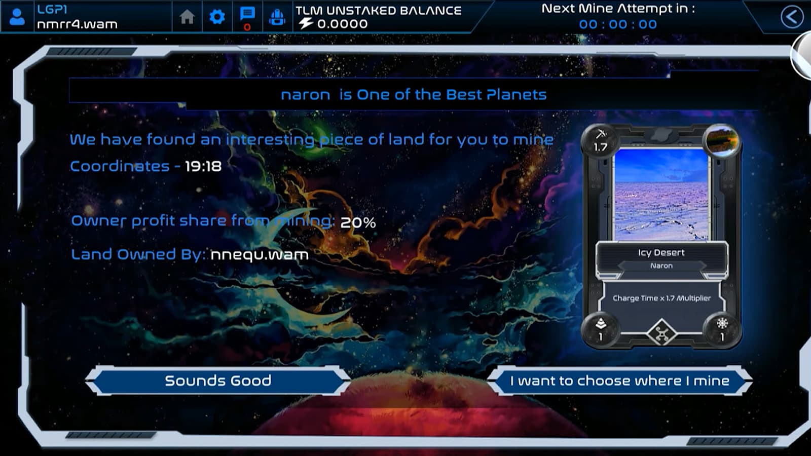 A game interface displaying a space-themed mining game with text and options