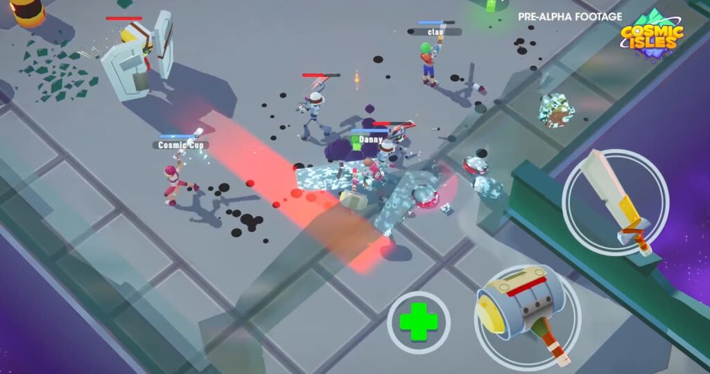 Characters engage in a chaotic battle in "Cosmic Isles" pre-alpha footage