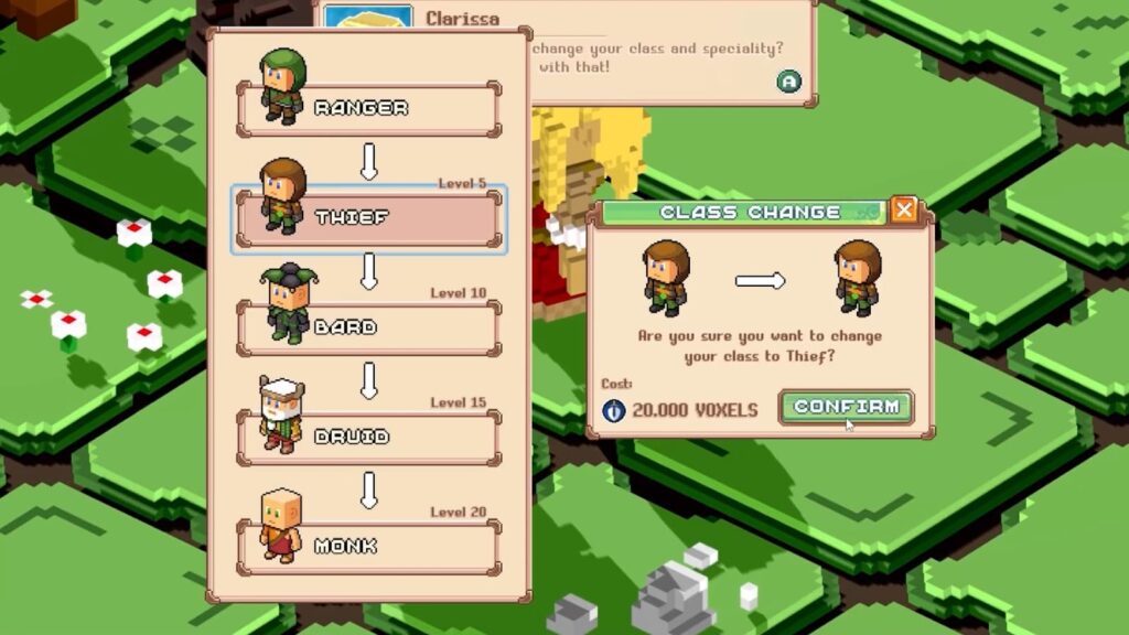 An in-game class change menu for a voxel character, with levels and costs